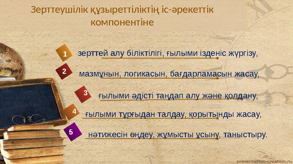 Зерттеушілік құзыреттіліктің іс-әрекеттік компонентіне 4 зерттей алу біліктілігі, ғылыми ізденіс жүргізу, 1 2 3 5 мазмұнын, лог