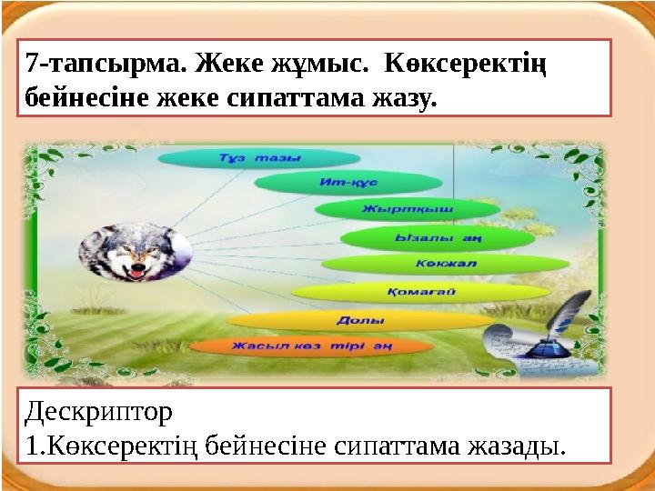 7-тапсырма. Жеке жұмыс. Көксеректің бейнесіне жеке сипаттама жазу. Дескриптор 1.Көксеректің бейнесіне сипаттама жазады.