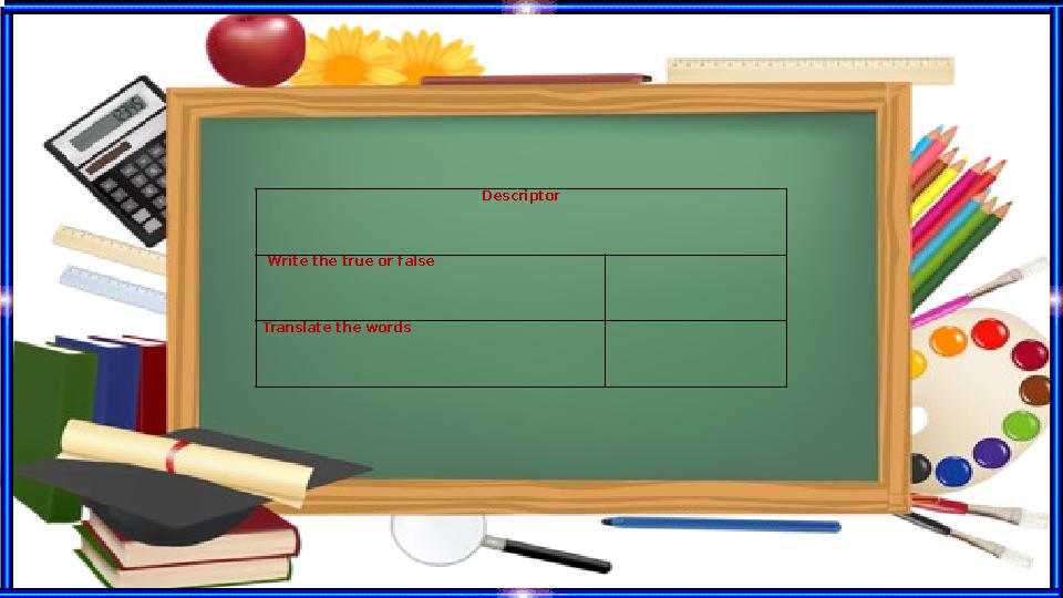Descriptor Write the true or false Translate the words