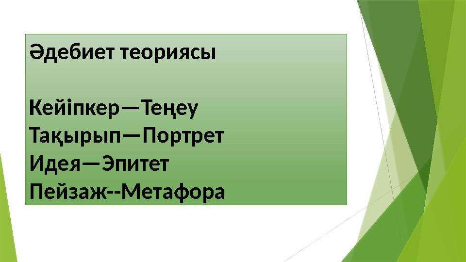 Әдебиет теориясы Кейіпкер—Теңеу Тақырып—Портрет Идея—Эпитет Пейзаж--Метафора