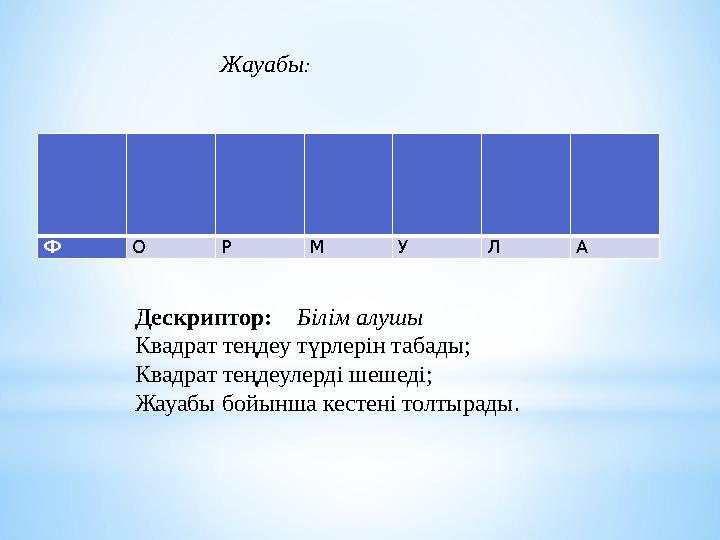 Дескриптор: Білім алушы Квадрат теңдеу түрлерін табады; Квадрат теңдеулерді шешеді; Жауабы бойынша кестені толтырады.