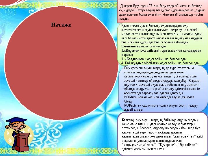 Джером Брунердің “Білім беру үдерісі” атты еңбегінде ең күрделі материялдың өзі дұрыс құрылымдалып, дұрыс ұсынылатын болс