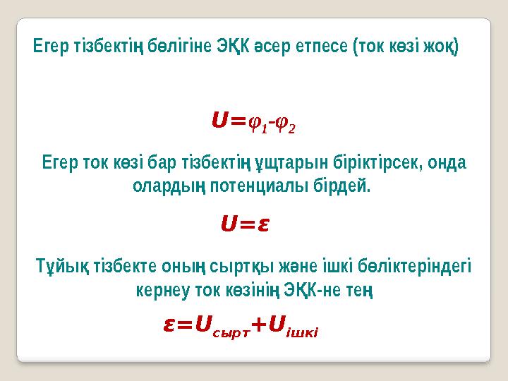Егер тізбекті б лігіне Э К сер етпесе (ток к зі жо )ң ө Қ ә ө қ U = φ 1 - φ 2 Егер ток к зі бар тізбекті щтарын біріктірсек,