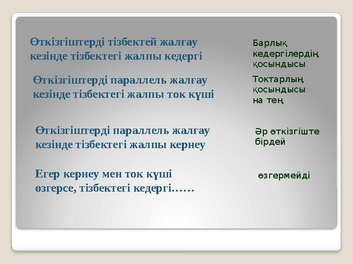 Өткізгіштерді тізбектей жалғау кезінде тізбектегі жалпы кедергі Барлық кедергілердің қосындысы Өткізгіштерді параллель жалғау
