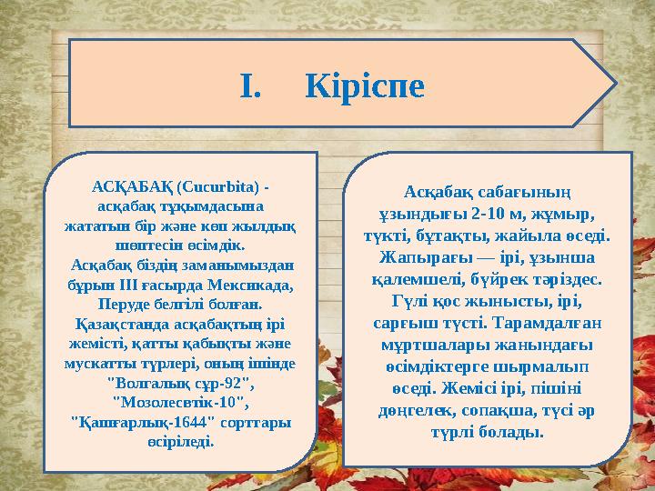 I. Кіріспе АСҚАБАҚ ( Cucurbita) - асқабақ тұқымдасына жататын бір және көп жылдық шөптесін өсімдік. Асқабақ біздің заманымы