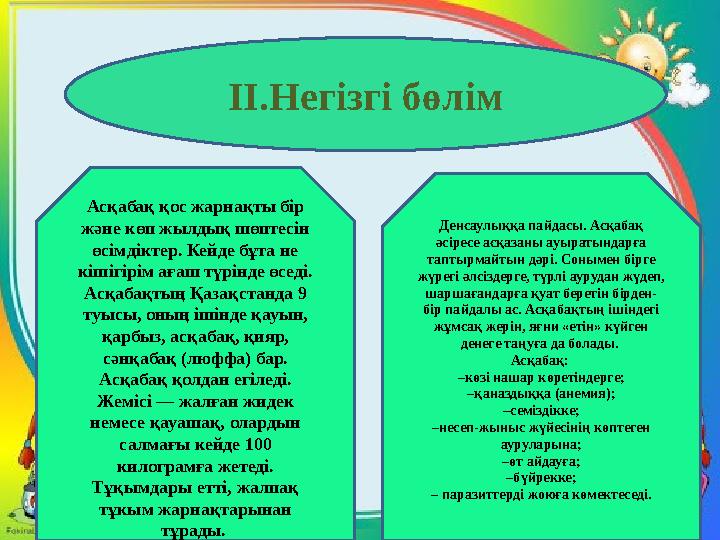 II. Негізгі бөлім Асқабақ қос жарнақты бір және көп жылдық шөптесін өсімдіктер. Кейде бұта не кішігірім ағаш түрінде өседі.