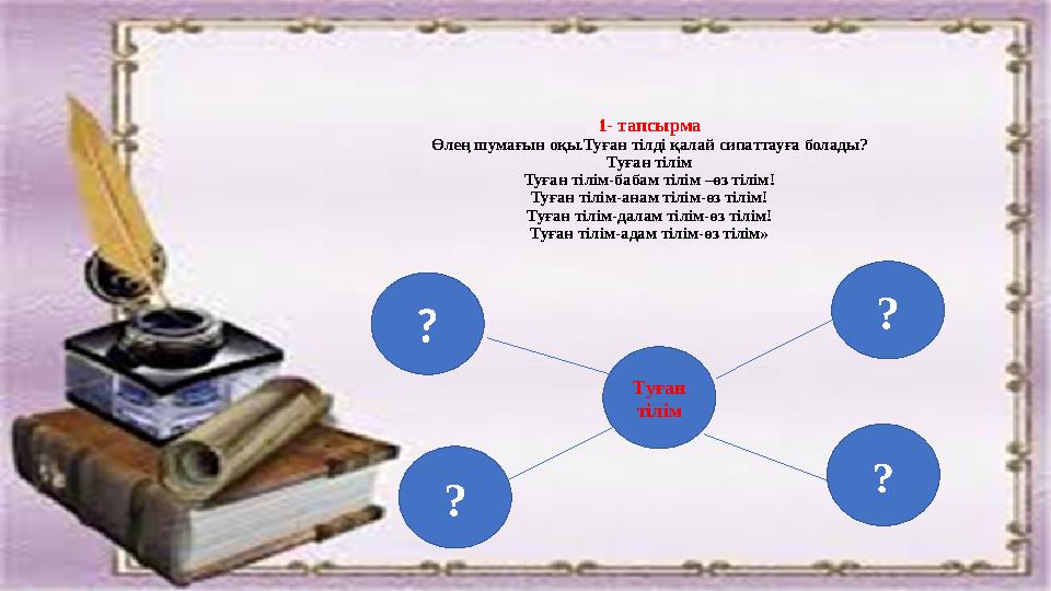 1- тапсырма Өлең шумағын оқы.Туған тілді қалай сипаттауға болады? Туған тілім Туған тілім-бабам тілім –өз тілім! Туған тілім-ана