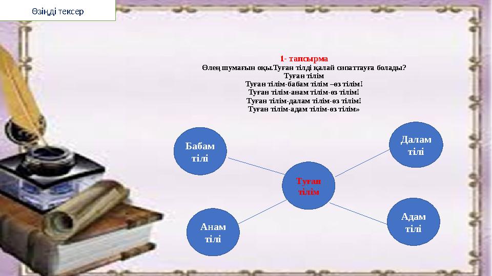 1- тапсырма Өлең шумағын оқы.Туған тілді қалай сипаттауға болады? Туған тілім Туған тілім-бабам тілім –өз тілім! Туған тілім-ана