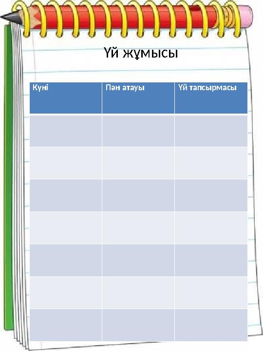 Үй жұмысы Күні Пән атауы Үй тапсырмасы