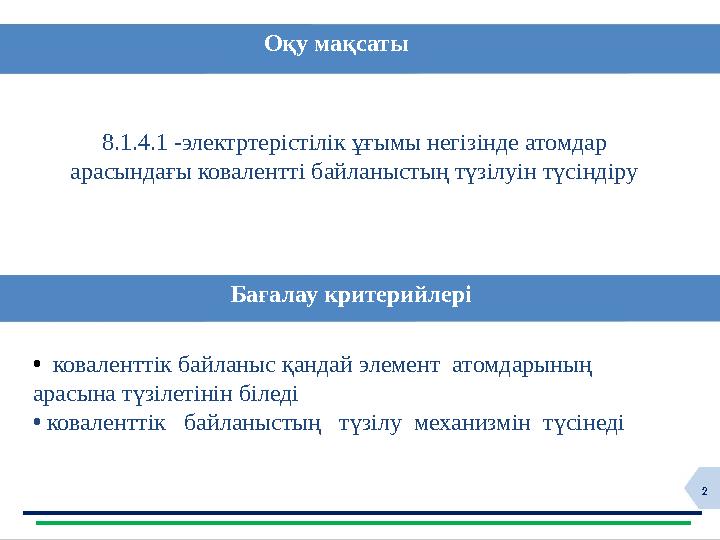 2Оқу мақсаты Ба ғалау критерийлері • коваленттік байланыс қандай элемент атомдарының арасына түзілетінін біледі • кова