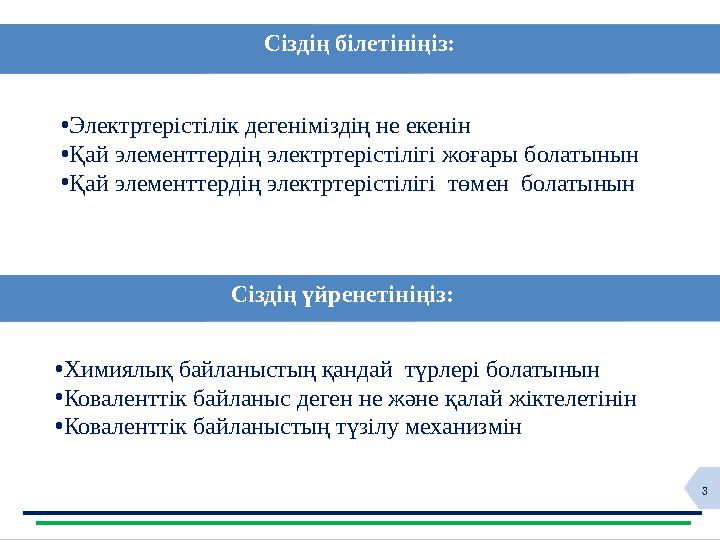 3Сіздің білетініңіз: Сіздің үйренетініңіз:• Электртерістілік дегеніміздің не екенін • Қай элементтердің электртерістілігі жоға