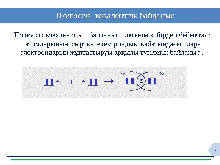 9 Полюссіз коваленттік байланыс Полюссіз коваленттік байланыс дегеніміз бірдей бейметалл атомдарының сырт
