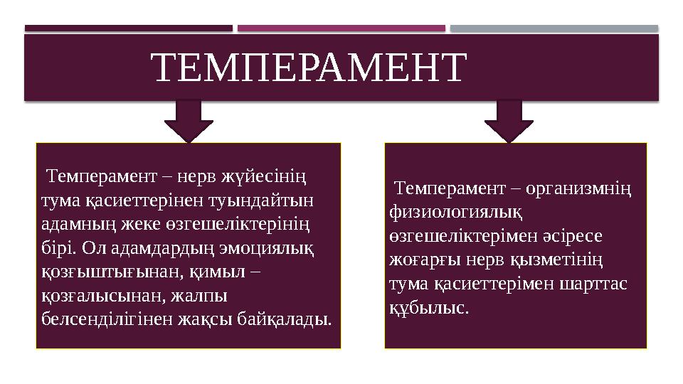 ТЕМПЕРАМЕНТ Темперамент – нерв жүйесінің тума қасиеттерінен туындайтын адамның жеке өзгешеліктерінің бірі. Ол адамдардың