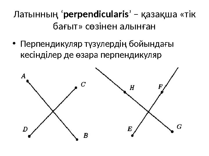 Латынның ‘ perpendicularis ’ – қазақша «тік бағыт» сөзінен алынған • Перпендикуляр түзулердің бойындағы кесінділер де өзара