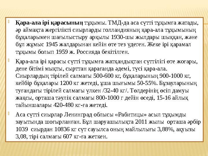  Қара-ала ірі қарасының тұқымы. ТМД-да аса сүтті тұқымға жатады, әр аймақта жергілікті сиырларды голландияның қара-ала тұқымы