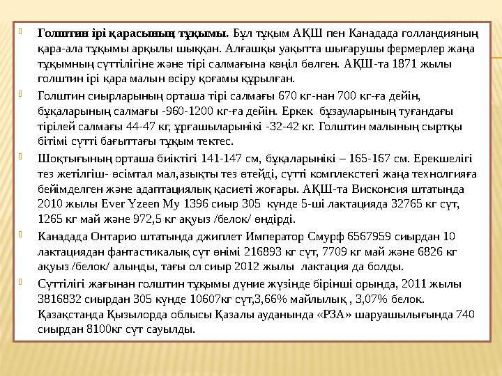  Голштин ірі қарасының тұқымы. Бұл тұқым АҚШ пен Канадада голландияның қара-ала тұқымы арқылы шыққан. Алғашқы уақытта шығаруш