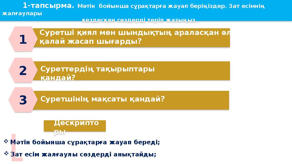 Суретші қиял мен шындықтың араласқан әлемін қалай жасап шығарды? 1-тапсырма. Мәтін бойынша сұрақтарға жауап беріңіздер.