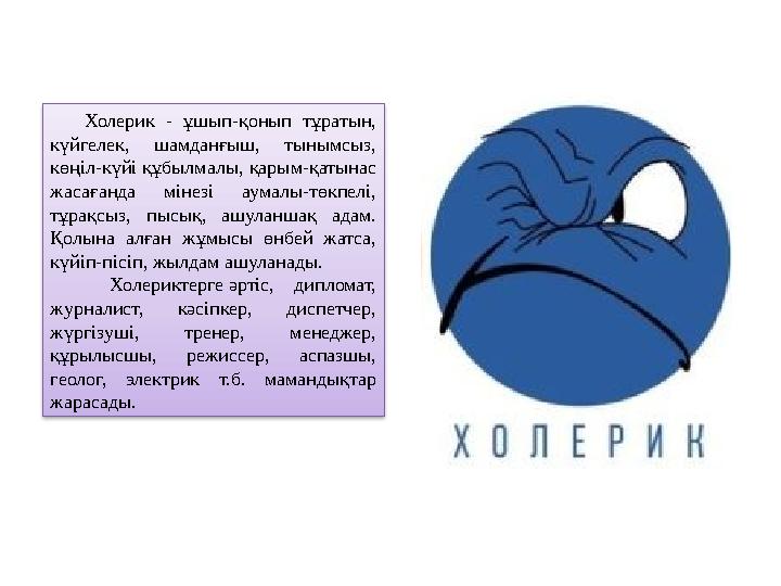 Холерик - ұшып-қонып тұратын, күйгелек, шамданғыш, тынымсыз, көңіл-күйі құбылмалы, қарым-қатынас жасағанда мінезі