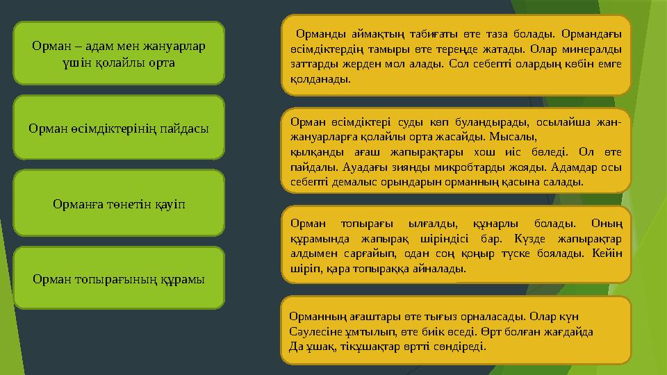 Орман – адам мен жануарлар үшін қолайлы орта Орман өсімдіктерінің пайдасы Орманға төнетін қауіп Орман топырағының құрамы Орма