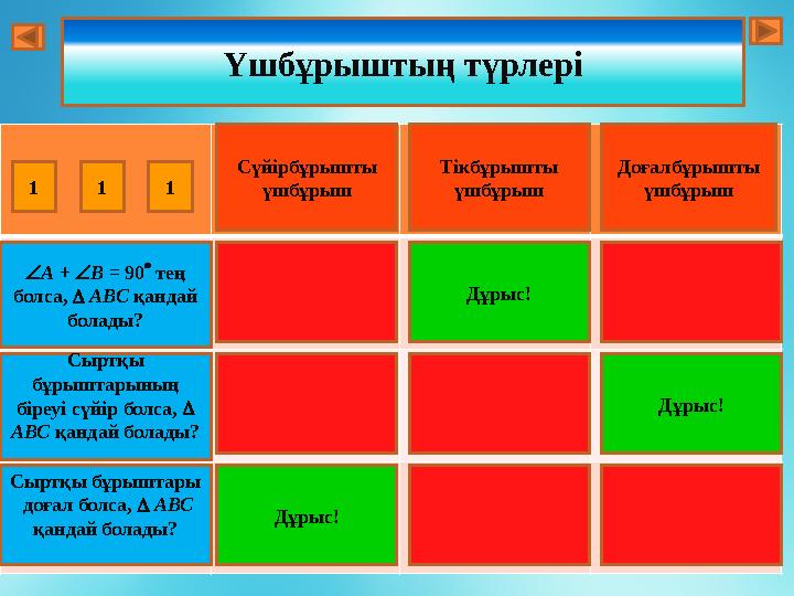 Сүйірбұрышты үшбұрыш Тікбұрышты үшбұрыш Доғалбұрышты үшбұрыш  А +  В = 90  тең болса,  АВС қандай болады? Сыртқы