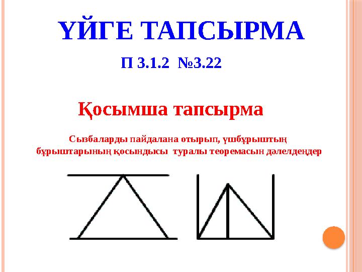 ҮЙГЕ ТАПСЫРМА Қосымша тапсырма Сызбаларды пайдалана отырып, үшбұрыштың бұрыштарының қосындысы туралы теоремасын дәлелдеңдер