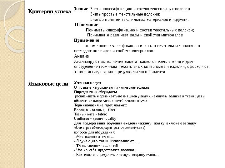 Критерии успеха Знание .Знать классификацию и состав текстильных волокон Знать простые текстильные волокна;