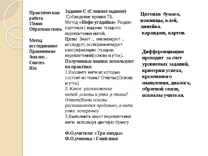 Практическая работа 15мин Обратная связь Метод исследование Применение Анализ . Синтез. Изо Задание С (Сложное задание)