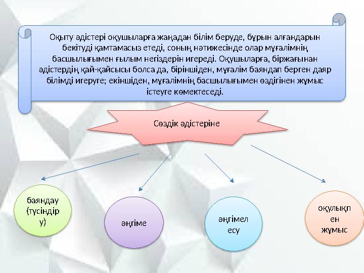 Оқыту әдістері оқушыларға жаңадан білім беруде, бұрын алғандарын бекітуді қамтамасыз етеді, соның нәтижесінде олар мұғалімнің б