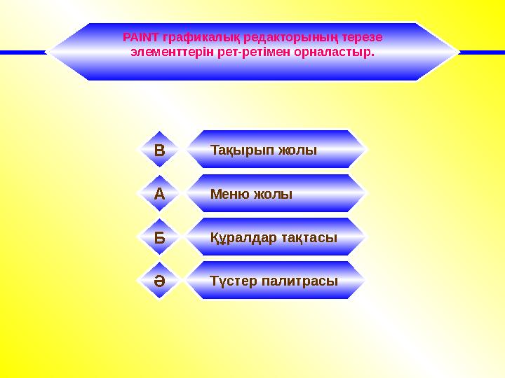 PAINT графикалық редакторының терезе элементтерін рет-ретімен орналастыр. Меню жолы А Түстер палитрасы Ә Құралдар тақтасы Б Т