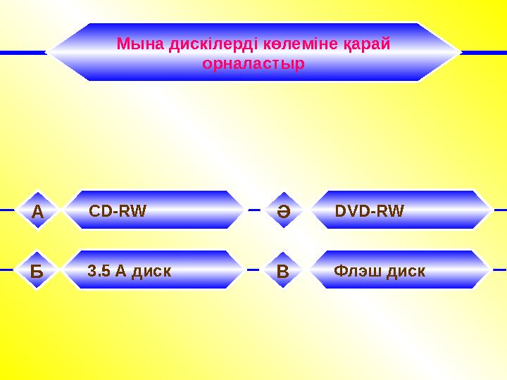 Мына дискілерді көлеміне қарай орналастыр CD-RW А DVD-RW Ә 3.5 A диск Б Флэш диск В