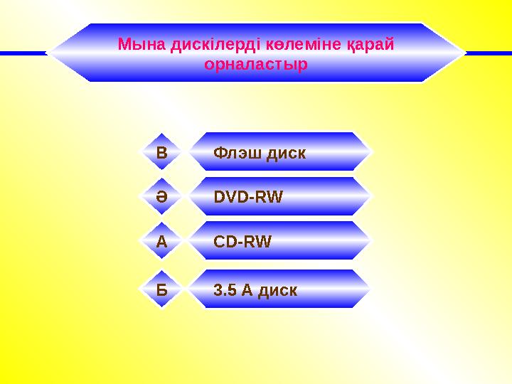 CD-RW А DVD-RWӘ 3.5 A дискБ Флэш дискВМына дискілерді көлеміне қарай орналастыр