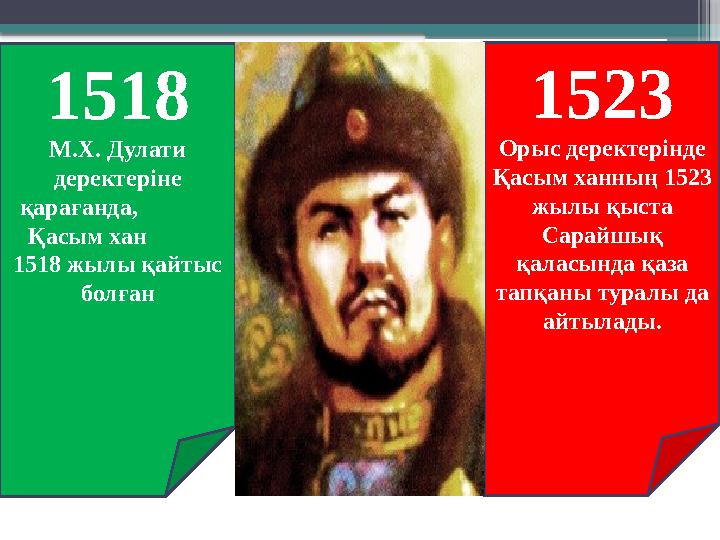 1518 М.Х. Дулати деректеріне қарағанда, Қасым хан 1518 жылы қайтыс болған 1523 Орыс деректерінде Қ