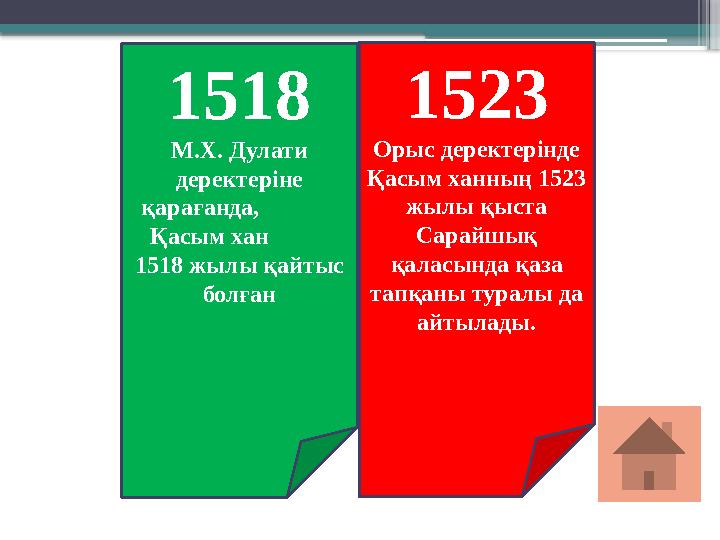 1518 М.Х. Дулати деректеріне қарағанда, Қасым хан 1518 жылы қайтыс болған 1523 Орыс деректерінде Қ