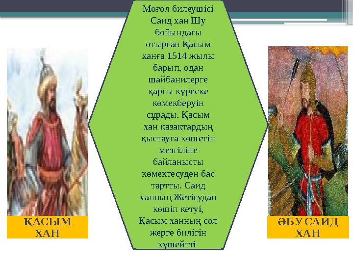 Моғол билеушісі Саид хан Шу бойындағы отырған Қасым ханға 1514 жылы барып, одан шайбанилерге қарсы күреске көмекберуін