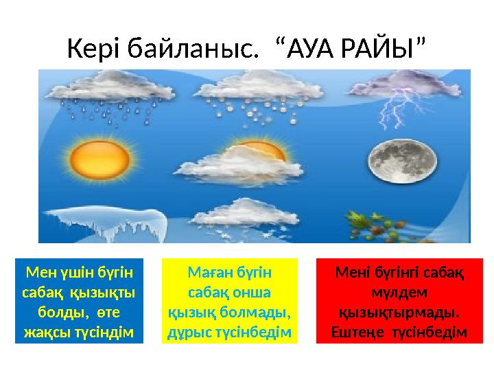 Кері байланыс. “АУА РАЙЫ” Мен үшін бүгін сабақ қызықты болды, өте жақсы түсіндім Маған бүгін сабақ онша қызық болмады,