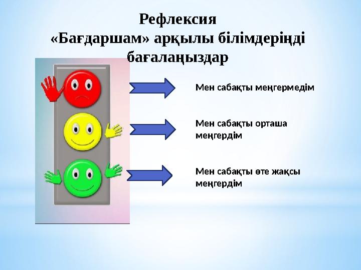 Мен сабақты меңгермедім Мен сабақты орташа меңгердім Мен сабақты өте жақсы меңгердімРефлексия «Бағдаршам» арқылы білімдеріңді