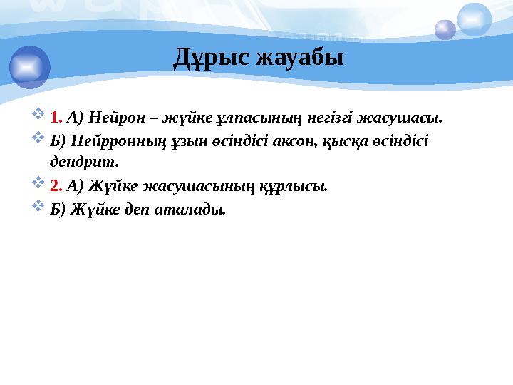 Дұрыс жауабы  1. А) Нейрон – жүйке ұлпасының негізгі жасушасы.  Б) Нейрронның ұзын өсіндісі аксон, қысқа өсіндісі дендрит.