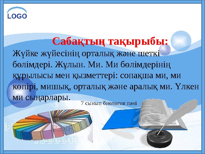 LOGO Сабақтың тақырыбы: Жүйке жүйесінің орталық және шеткі бөлімдері. Жұлын. Ми. Ми бөлімдерінің құрылысы мен қ
