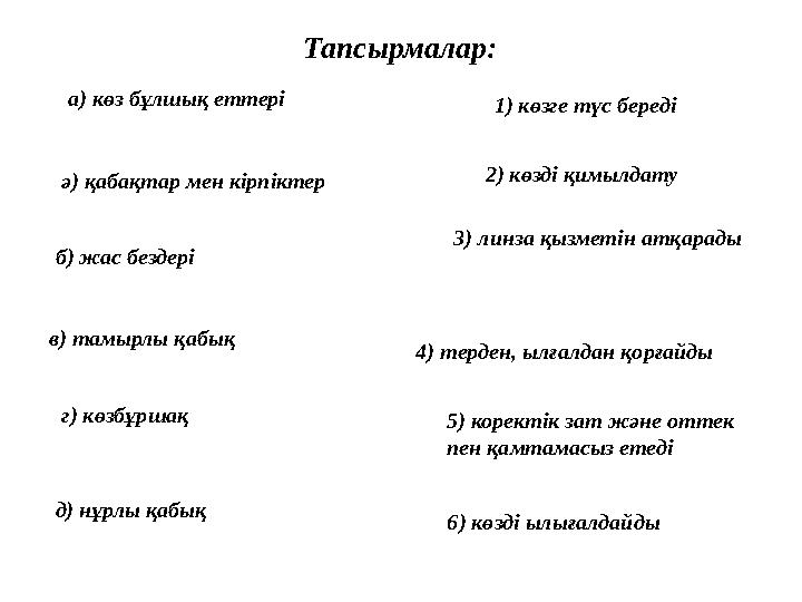 Тапсырмалар: а) көз бұлшық еттері 2) көзді қимылдату ә) қабақтар мен кірпіктер б) жас бездері в) тамырлы қабық г) көзбұршақ д