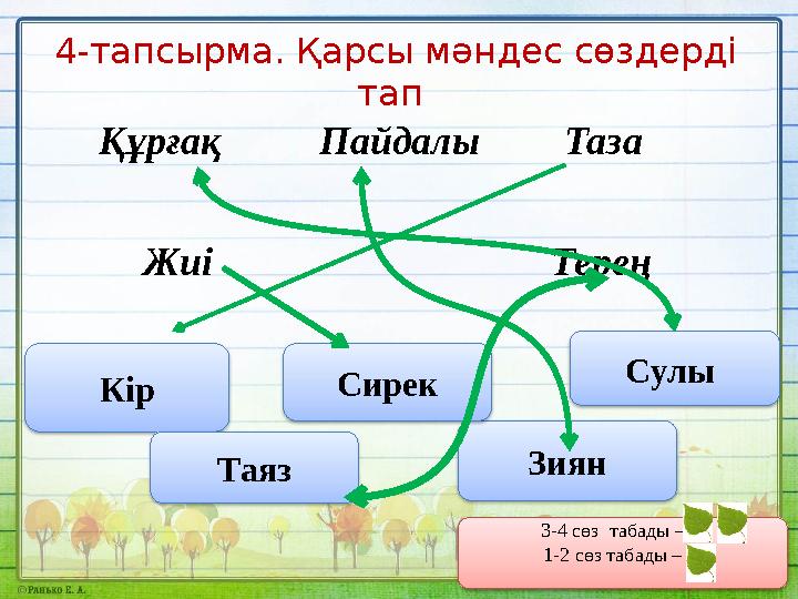 4-тапсырма. Қарсы мәндес сөздерді тап Сулы ЗиянКір Сирек ТаязҚұрғақ Пайдалы Таза Жиі Терең 3-4 сөз табады –