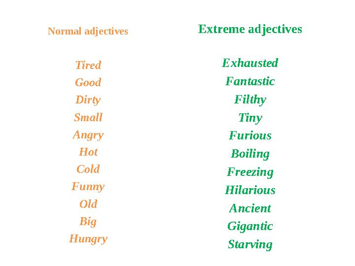 Normal adjectives Tired Good Dirty Small Angry Hot Cold Funny Old Big Hungry Extreme adjectives Exhausted Fantastic Filthy Tiny