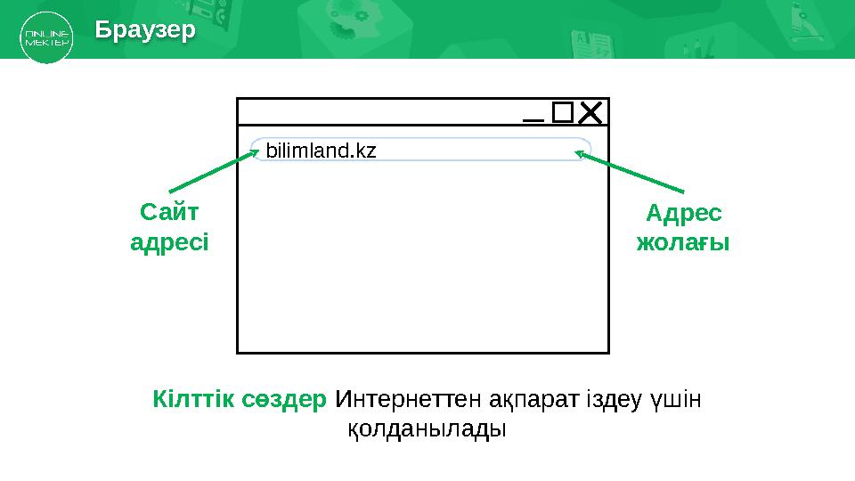 Браузер Адрес жолағыbilimland.kz Сайт адресі Кілттік сөздер Интернеттен ақпарат іздеу үшін қолданылады