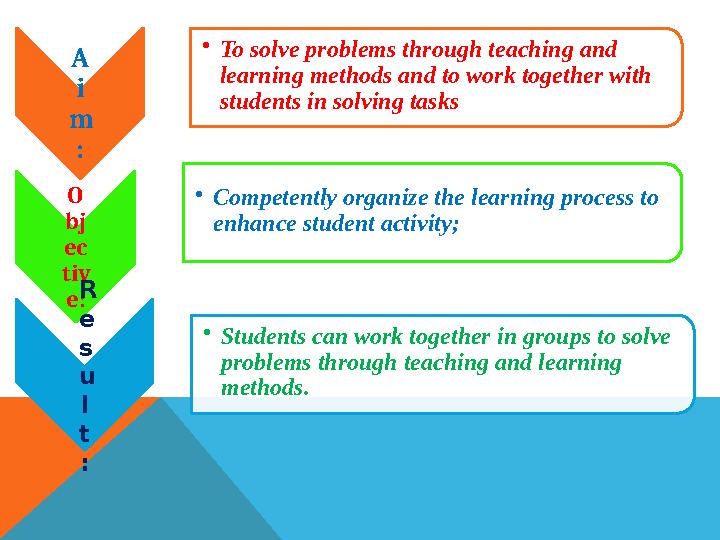 A i m : • To solve problems through teaching and learning methods and to work together with students in solving tasks O bj ec