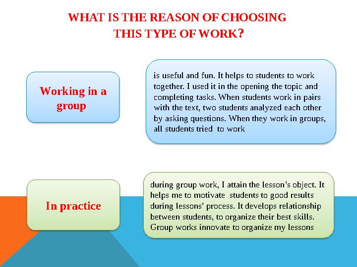 WHAT IS THE REASON OF CHOOSING THIS TYPE OF WORK ? Working in a group In practice is useful and fun. It helps to students to