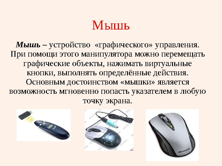 Мышь Мышь – устройство «графического» управления. При помощи этого манипулятора можно перемещать графические объекты, нажима