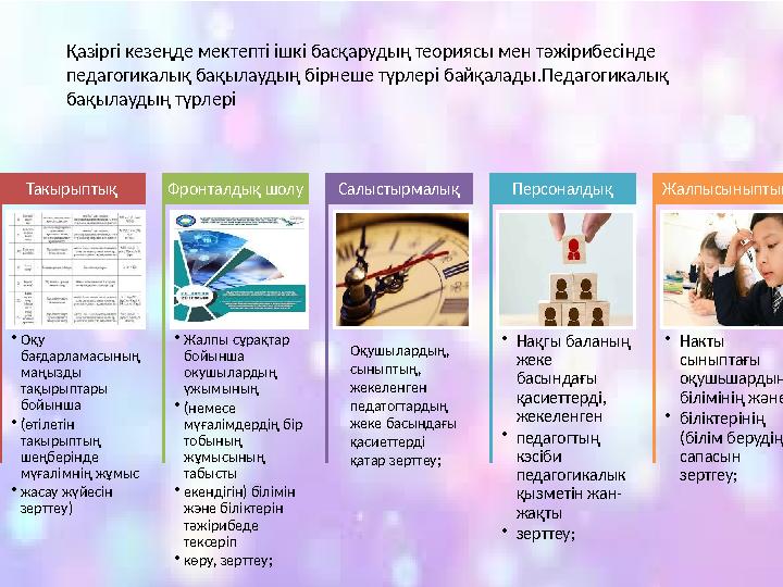 Қазіргі кезеңде мектепті ішкі басқарудың теориясы мен тәжірибесінде педагогикалық бақылаудың бірнеше түрлері байқалады .П едаго