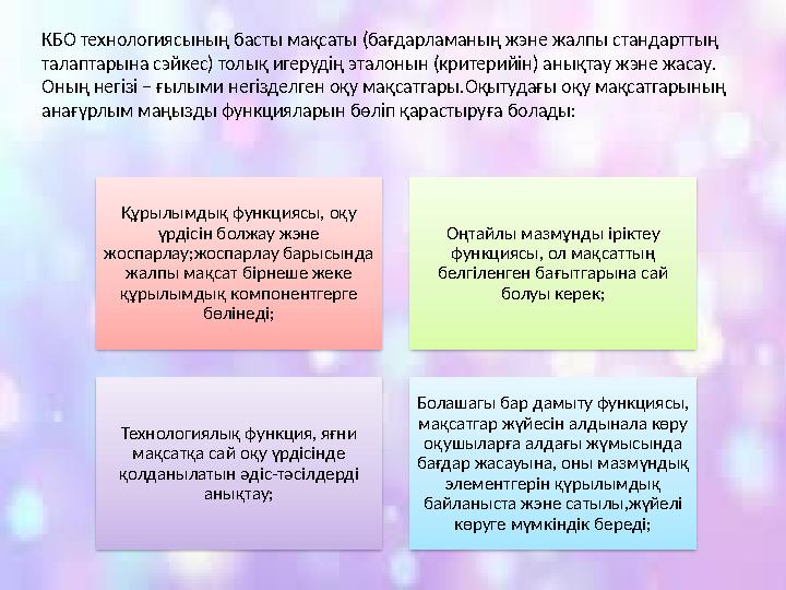 КБО технологиясының басты мақсаты (бағдарламаның жэне жалпы стандарттың талаптарына сэйкес) толық игерудің эталонын (критерийін