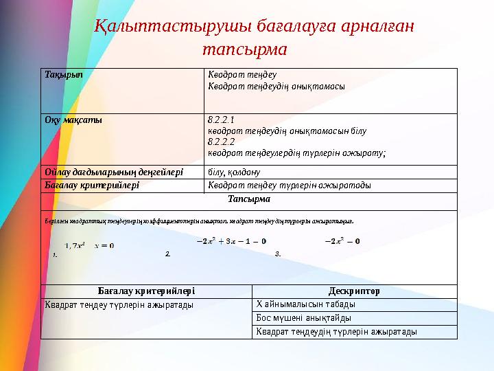 Қалыптастырушы бағалауға арналған тапсырма Тақырып Квадрат теңдеу Квадрат теңдеудің анықтамасы Оқу мақсаты 8.2.2.1 квадрат