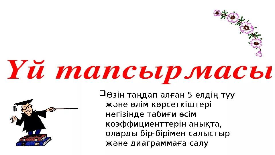  Өзің таңдап алған 5 елдің туу және өлім көрсеткіштері негізінде табиғи өсім коэффициенттерін анықта, оларды бір-бірімен са