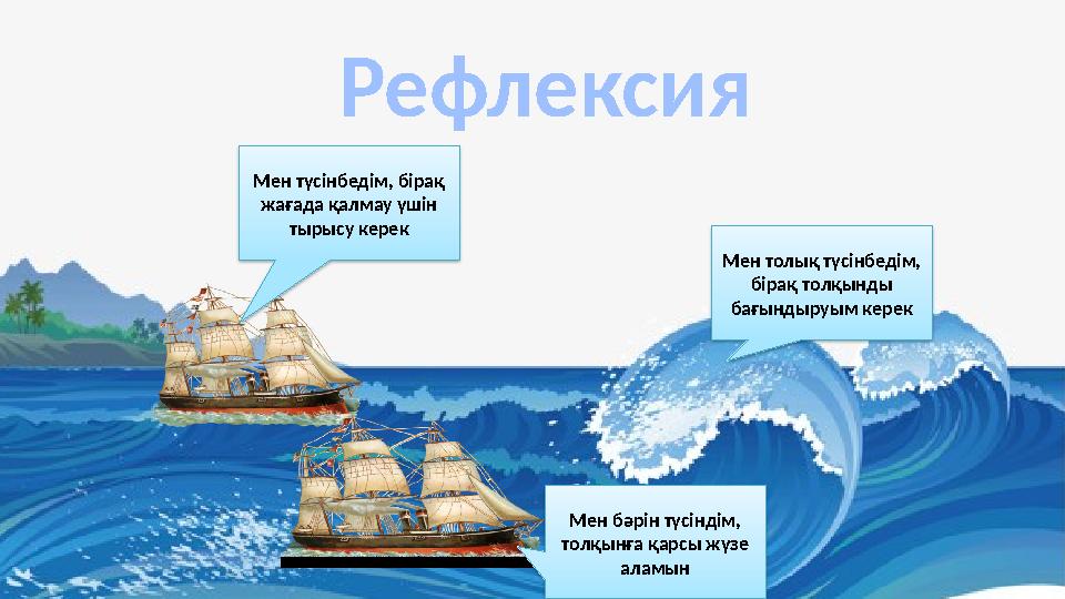 Рефлексия Мен түсінбедім, бірақ жағада қалмау үшін тырысу керек Мен бәрін түсіндім, толқынға қарсы жүзе аламын Мен толық түс